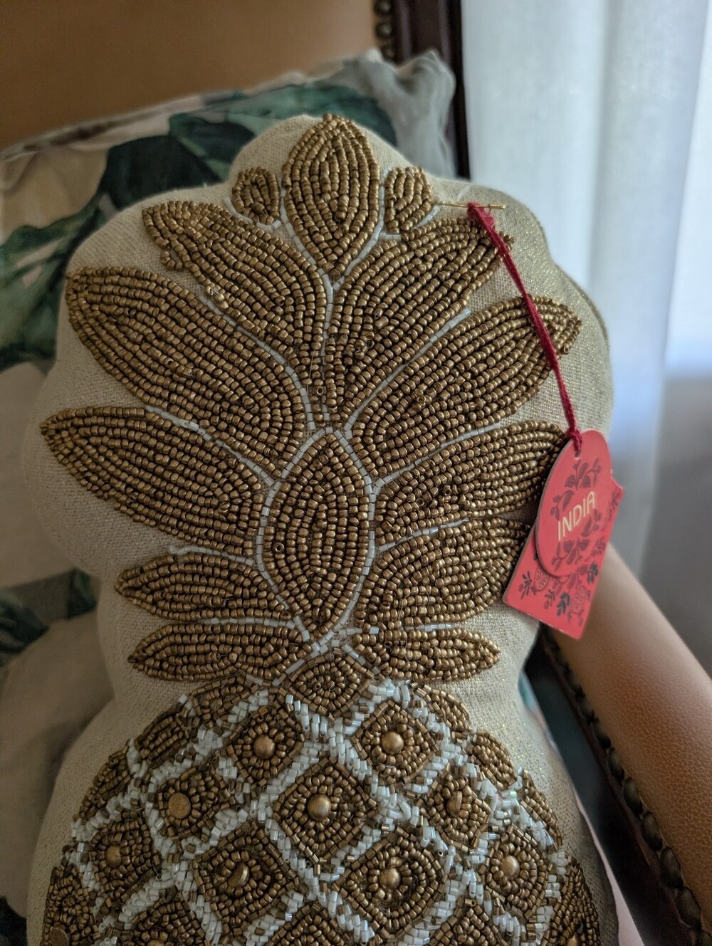 Beaded Pineapple Decorative Pillow - Gold on Cream - Picture 3 of 8